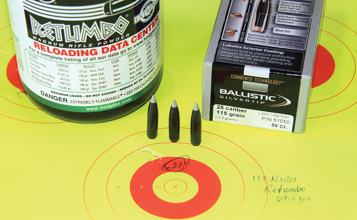 Nosler’s 115-grain Ballistic Silvertip and 69.5 grains of Hodgdon Retumbo produced the best group of the entire test – .33 inch at 3,245 fps. This would make a reliable elk load.